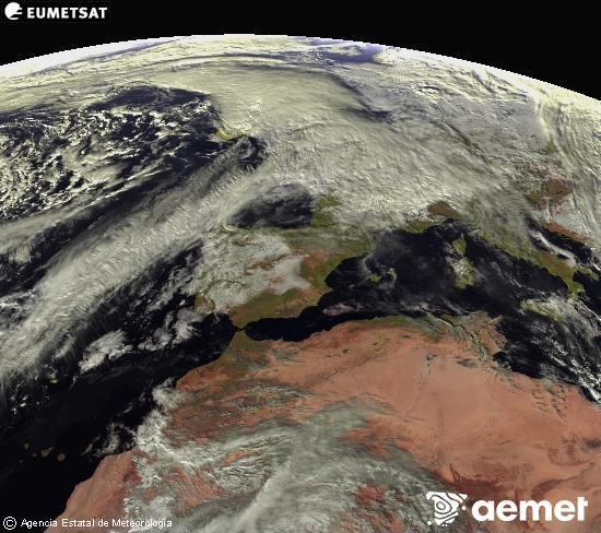 Esta imagen se genera utilizando informacin de los canales visibles del satlite METEOSAT perteneciente a la segunda generacin de satlites Meteosat (MSG). Por ese motivo, slo hay informacin en la zona iluminada por el sol. Adems, los canales han sido normalizados para que el brillo no dependa de la posicin del sol. domingo, 07 diciembre 2025 a las 14:00