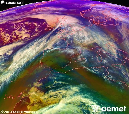 Composicin RGB en la que se mezclan varios canales del satlite Meteosat operacional en 0N 0W, que nos da una idea de las caractersticas de las masas de aire y de la nubosidad. domingo, 07 diciembre 2025 a las 15:00