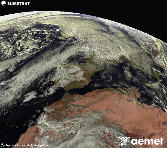 Esta imagen se genera utilizando informacin de los canales visibles del satlite METEOSAT perteneciente a la segunda generacin de satlites Meteosat (MSG). Por ese motivo, slo hay informacin en la zona iluminada por el sol. Adems, los canales han sido normalizados para que el brillo no dependa de la posicin del sol. domingo, 07 diciembre 2025 a las 15:00