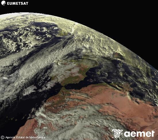 Esta imagen se genera utilizando informacin de los canales visibles del satlite METEOSAT perteneciente a la segunda generacin de satlites Meteosat (MSG). Por ese motivo, slo hay informacin en la zona iluminada por el sol. Adems, los canales han sido normalizados para que el brillo no dependa de la posicin del sol. domingo, 07 diciembre 2025 a las 16:00