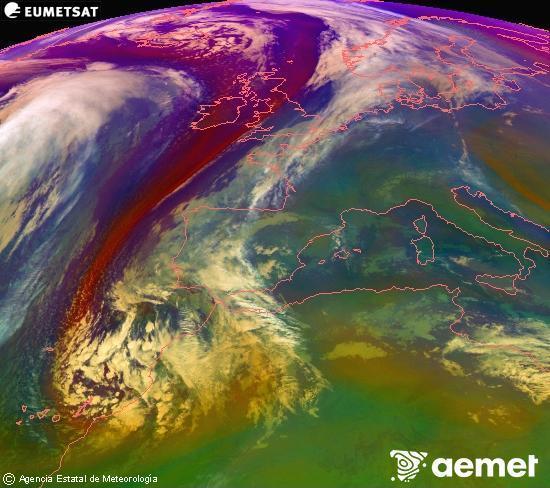 Composition RGB dans laquelle se mlangent diffrents canaux du satellite Meteosat operational in 0N 0W, l'informacin des caractristiques sur les masses d'air et les nuages. samedi, 13 dcembre  2025 00:00