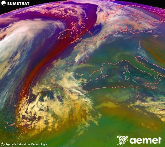 Composition RGB dans laquelle se mlangent diffrents canaux du satellite Meteosat operational in 0N 0W, l'informacin des caractristiques sur les masses d'air et les nuages. samedi, 13 dcembre  2025 01:00