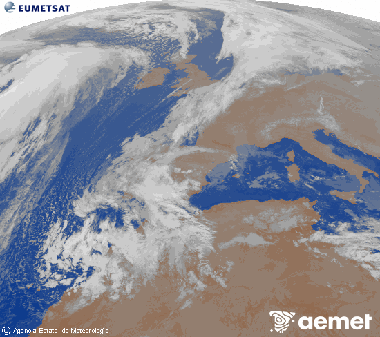 Imagen de la zona de Europa y Norte de frica del canal infrarrojo del satlite Meteosat operacional en 0N 0W, procesada para darle color. samedi, 13 dcembre  2025 01:00