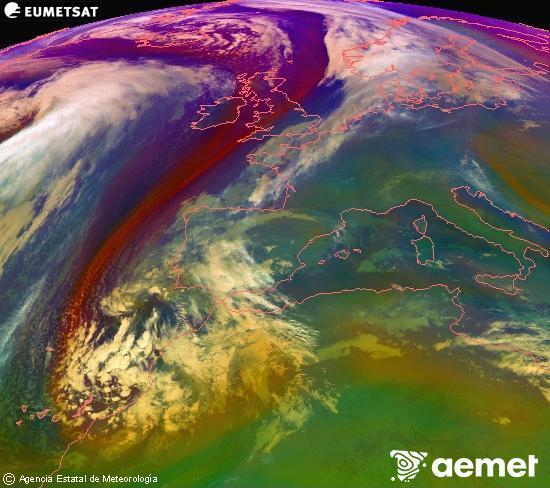 Composition RGB dans laquelle se mlangent diffrents canaux du satellite Meteosat operational in 0N 0W, l'informacin des caractristiques sur les masses d'air et les nuages. samedi, 13 dcembre  2025 02:00