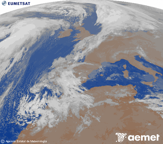 Imagen de la zona de Europa y Norte de frica del canal infrarrojo del satlite Meteosat operacional en 0N 0W, procesada para darle color. samedi, 13 dcembre  2025 02:00