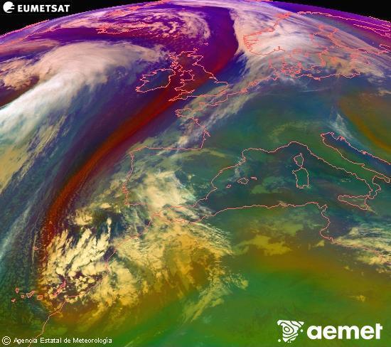 Composition RGB dans laquelle se mlangent diffrents canaux du satellite Meteosat operational in 0N 0W, l'informacin des caractristiques sur les masses d'air et les nuages. samedi, 13 dcembre  2025 03:00