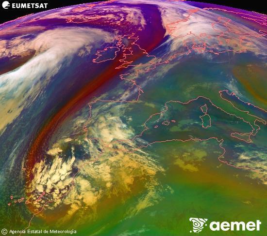 Composition RGB dans laquelle se mlangent diffrents canaux du satellite Meteosat operational in 0N 0W, l'informacin des caractristiques sur les masses d'air et les nuages. samedi, 13 dcembre  2025 04:00
