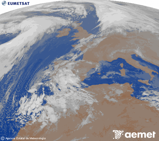 Imagen de la zona de Europa y Norte de frica del canal infrarrojo del satlite Meteosat operacional en 0N 0W, procesada para darle color. samedi, 13 dcembre  2025 04:00