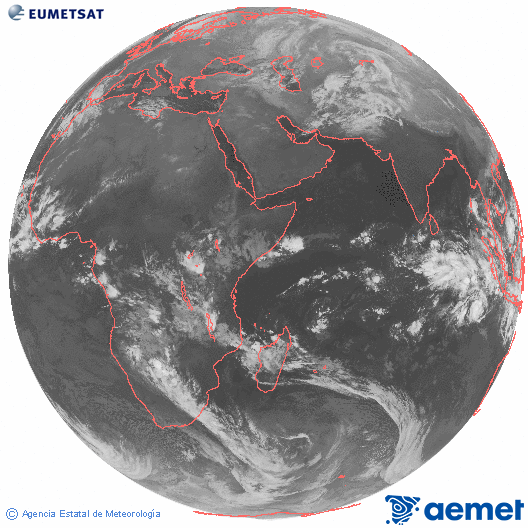 Ocano ndico. Imagen global del canal infrarrojo (10.8μm) de Meteosat, perteneciente a la serie MSG (Meteosat Segunda Generacin) y situado en 41.5° E. samedi, 13 dcembre  2025 04:00