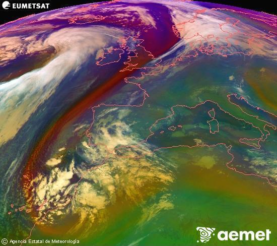 Composition RGB dans laquelle se mlangent diffrents canaux du satellite Meteosat operational in 0N 0W, l'informacin des caractristiques sur les masses d'air et les nuages. samedi, 13 dcembre  2025 06:00