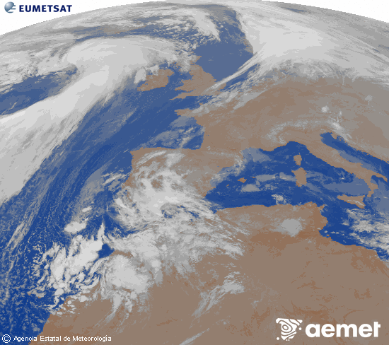 Imagen de la zona de Europa y Norte de frica del canal infrarrojo del satlite Meteosat operacional en 0N 0W, procesada para darle color. samedi, 13 dcembre  2025 06:00