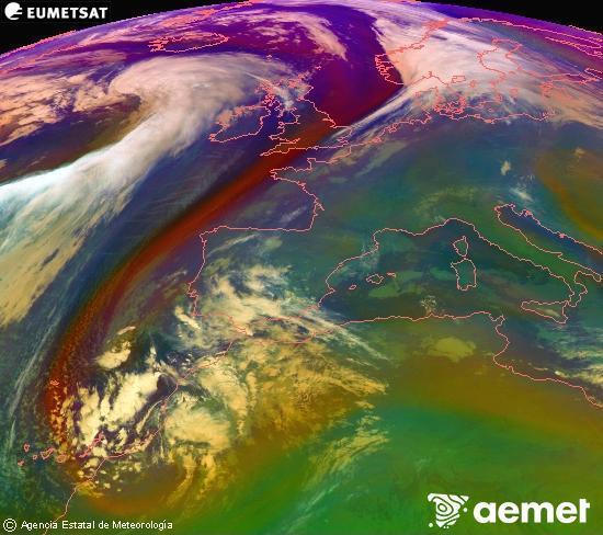 Composition RGB dans laquelle se mlangent diffrents canaux du satellite Meteosat operational in 0N 0W, l'informacin des caractristiques sur les masses d'air et les nuages. samedi, 13 dcembre  2025 07:00