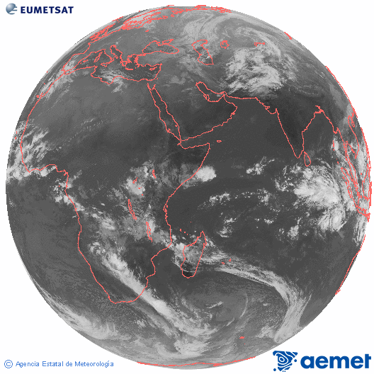 Ocano ndico. Imagen global del canal infrarrojo (10.8μm) de Meteosat, perteneciente a la serie MSG (Meteosat Segunda Generacin) y situado en 41.5° E. samedi, 13 dcembre  2025 07:00