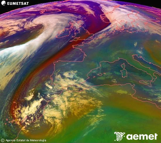 Composition RGB dans laquelle se mlangent diffrents canaux du satellite Meteosat operational in 0N 0W, l'informacin des caractristiques sur les masses d'air et les nuages. samedi, 13 dcembre  2025 08:00