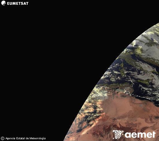 Esta imagen se genera utilizando informacin de los canales visibles del satlite METEOSAT perteneciente a la segunda generacin de satlites Meteosat (MSG). Por ese motivo, slo hay informacin en la zona iluminada por el sol. Adems, los canales han sido normalizados para que el brillo no dependa de la posicin del sol. samedi, 13 dcembre  2025 08:00