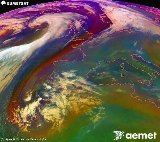 Composition RGB dans laquelle se mlangent diffrents canaux du satellite Meteosat operational in 0N 0W, l'informacin des caractristiques sur les masses d'air et les nuages. samedi, 13 dcembre  2025 09:00