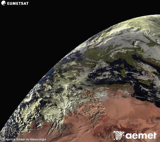 Esta imagen se genera utilizando informacin de los canales visibles del satlite METEOSAT perteneciente a la segunda generacin de satlites Meteosat (MSG). Por ese motivo, slo hay informacin en la zona iluminada por el sol. Adems, los canales han sido normalizados para que el brillo no dependa de la posicin del sol. samedi, 13 dcembre  2025 09:00