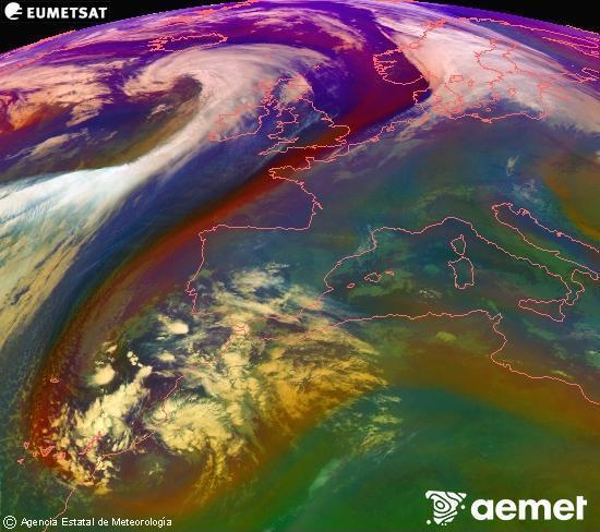 Composition RGB dans laquelle se mlangent diffrents canaux du satellite Meteosat operational in 0N 0W, l'informacin des caractristiques sur les masses d'air et les nuages. samedi, 13 dcembre  2025 10:00