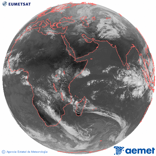 Ocano ndico. Imagen global del canal infrarrojo (10.8μm) de Meteosat, perteneciente a la serie MSG (Meteosat Segunda Generacin) y situado en 41.5° E. samedi, 13 dcembre  2025 10:00