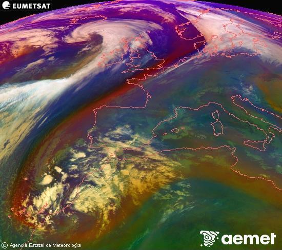 Composition RGB dans laquelle se mlangent diffrents canaux du satellite Meteosat operational in 0N 0W, l'informacin des caractristiques sur les masses d'air et les nuages. samedi, 13 dcembre  2025 11:00