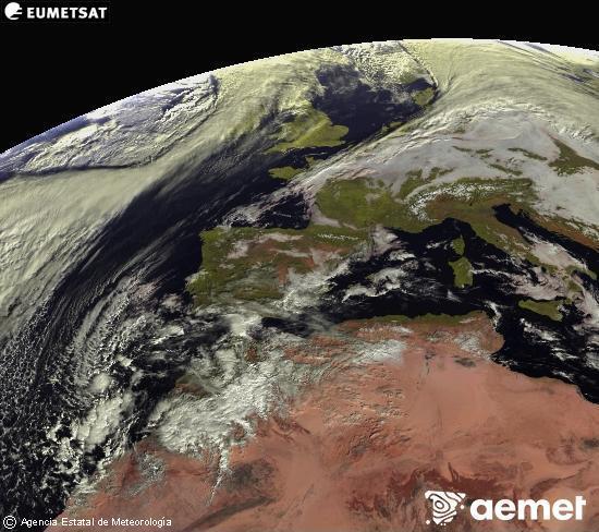 Esta imagen se genera utilizando informacin de los canales visibles del satlite METEOSAT perteneciente a la segunda generacin de satlites Meteosat (MSG). Por ese motivo, slo hay informacin en la zona iluminada por el sol. Adems, los canales han sido normalizados para que el brillo no dependa de la posicin del sol. samedi, 13 dcembre  2025 11:00