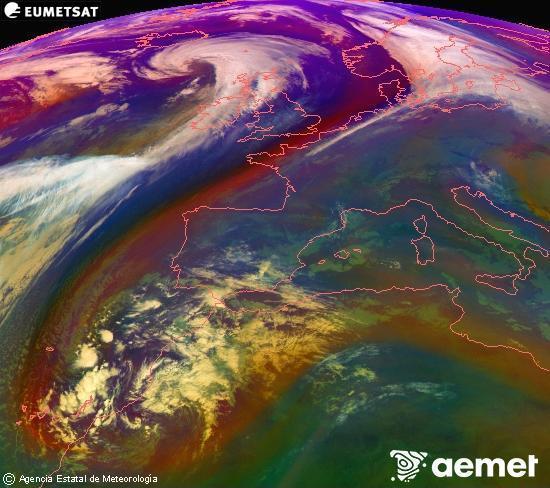 Composition RGB dans laquelle se mlangent diffrents canaux du satellite Meteosat operational in 0N 0W, l'informacin des caractristiques sur les masses d'air et les nuages. samedi, 13 dcembre  2025 12:00