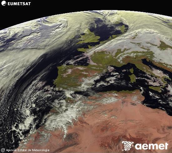 Esta imagen se genera utilizando informacin de los canales visibles del satlite METEOSAT perteneciente a la segunda generacin de satlites Meteosat (MSG). Por ese motivo, slo hay informacin en la zona iluminada por el sol. Adems, los canales han sido normalizados para que el brillo no dependa de la posicin del sol. samedi, 13 dcembre  2025 12:00