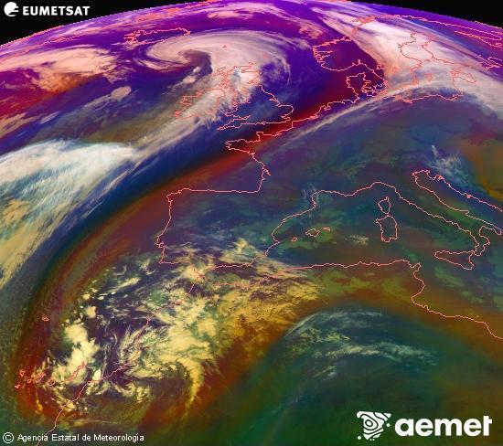 Composition RGB dans laquelle se mlangent diffrents canaux du satellite Meteosat operational in 0N 0W, l'informacin des caractristiques sur les masses d'air et les nuages. samedi, 13 dcembre  2025 13:00