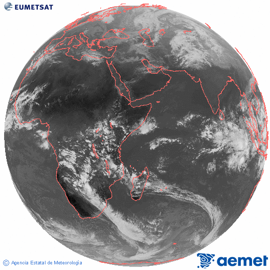 Ocano ndico. Imagen global del canal infrarrojo (10.8μm) de Meteosat, perteneciente a la serie MSG (Meteosat Segunda Generacin) y situado en 41.5° E. samedi, 13 dcembre  2025 13:00