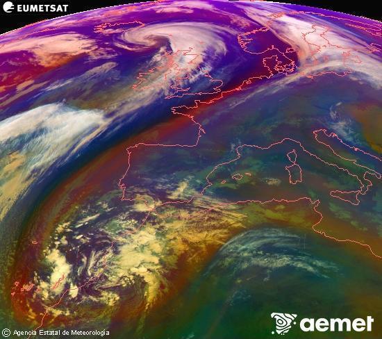 Composition RGB dans laquelle se mlangent diffrents canaux du satellite Meteosat operational in 0N 0W, l'informacin des caractristiques sur les masses d'air et les nuages. samedi, 13 dcembre  2025 14:00