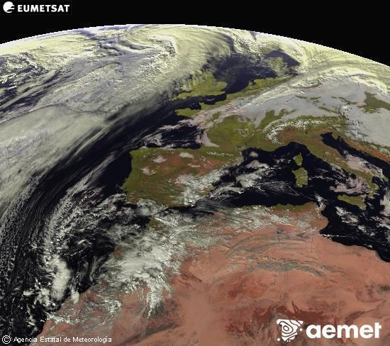 Esta imagen se genera utilizando informacin de los canales visibles del satlite METEOSAT perteneciente a la segunda generacin de satlites Meteosat (MSG). Por ese motivo, slo hay informacin en la zona iluminada por el sol. Adems, los canales han sido normalizados para que el brillo no dependa de la posicin del sol. samedi, 13 dcembre  2025 14:00