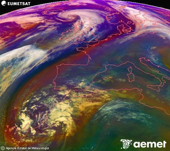 Composition RGB dans laquelle se mlangent diffrents canaux du satellite Meteosat operational in 0N 0W, l'informacin des caractristiques sur les masses d'air et les nuages. samedi, 13 dcembre  2025 15:00