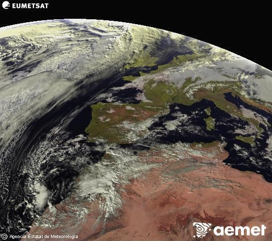 Esta imagen se genera utilizando informacin de los canales visibles del satlite METEOSAT perteneciente a la segunda generacin de satlites Meteosat (MSG). Por ese motivo, slo hay informacin en la zona iluminada por el sol. Adems, los canales han sido normalizados para que el brillo no dependa de la posicin del sol. samedi, 13 dcembre  2025 15:00