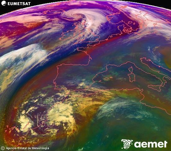 Composition RGB dans laquelle se mlangent diffrents canaux du satellite Meteosat operational in 0N 0W, l'informacin des caractristiques sur les masses d'air et les nuages. samedi, 13 dcembre  2025 16:00