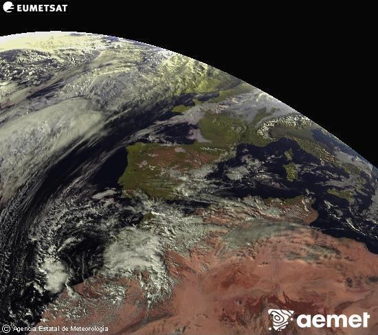 Esta imagen se genera utilizando informacin de los canales visibles del satlite METEOSAT perteneciente a la segunda generacin de satlites Meteosat (MSG). Por ese motivo, slo hay informacin en la zona iluminada por el sol. Adems, los canales han sido normalizados para que el brillo no dependa de la posicin del sol. samedi, 13 dcembre  2025 16:00