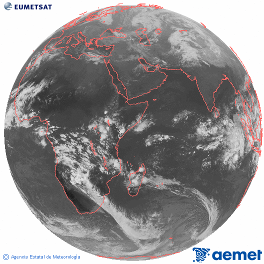 Ocano ndico. Imagen global del canal infrarrojo (10.8μm) de Meteosat, perteneciente a la serie MSG (Meteosat Segunda Generacin) y situado en 41.5° E. samedi, 13 dcembre  2025 16:00
