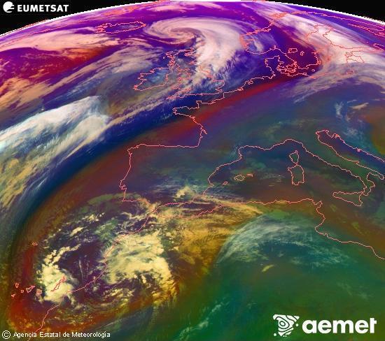 Composition RGB dans laquelle se mlangent diffrents canaux du satellite Meteosat operational in 0N 0W, l'informacin des caractristiques sur les masses d'air et les nuages. samedi, 13 dcembre  2025 17:00