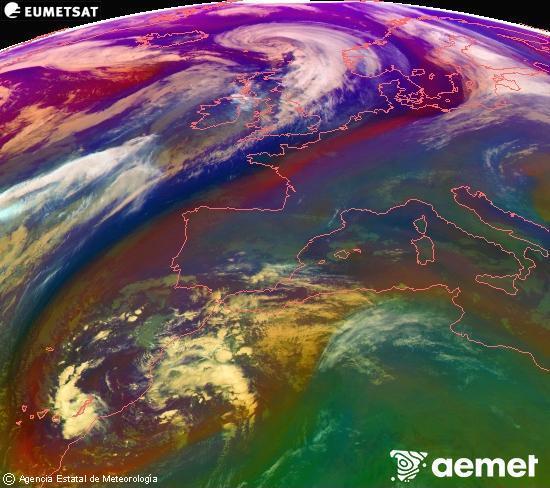 Composition RGB dans laquelle se mlangent diffrents canaux du satellite Meteosat operational in 0N 0W, l'informacin des caractristiques sur les masses d'air et les nuages. samedi, 13 dcembre  2025 18:00