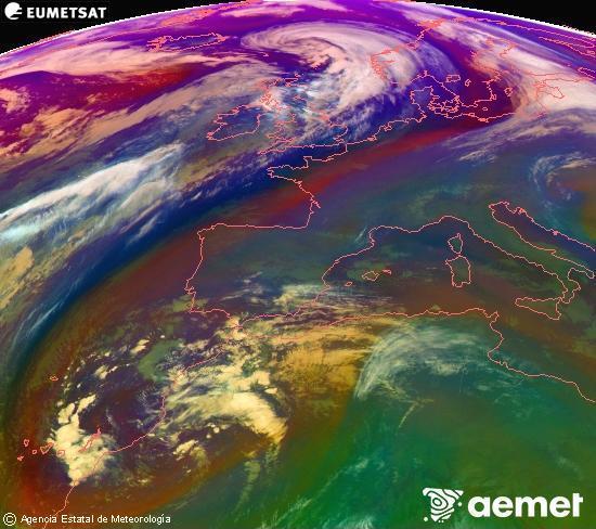 Composition RGB dans laquelle se mlangent diffrents canaux du satellite Meteosat operational in 0N 0W, l'informacin des caractristiques sur les masses d'air et les nuages. samedi, 13 dcembre  2025 19:00