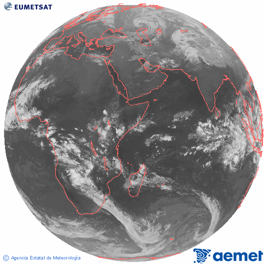 Ocano ndico. Imagen global del canal infrarrojo (10.8μm) de Meteosat, perteneciente a la serie MSG (Meteosat Segunda Generacin) y situado en 41.5° E. samedi, 13 dcembre  2025 19:00