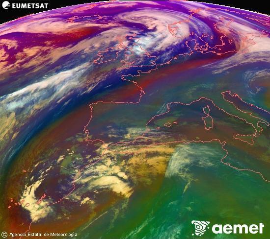 Composition RGB dans laquelle se mlangent diffrents canaux du satellite Meteosat operational in 0N 0W, l'informacin des caractristiques sur les masses d'air et les nuages. samedi, 13 dcembre  2025 20:00