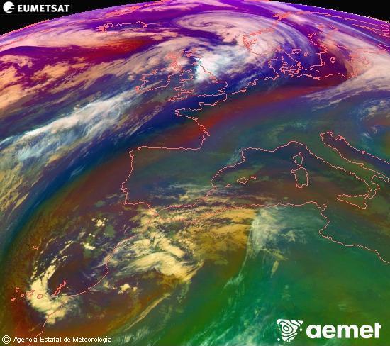 Composition RGB dans laquelle se mlangent diffrents canaux du satellite Meteosat operational in 0N 0W, l'informacin des caractristiques sur les masses d'air et les nuages. samedi, 13 dcembre  2025 21:00