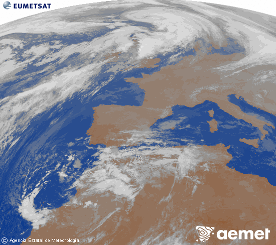 Imagen de la zona de Europa y Norte de frica del canal infrarrojo del satlite Meteosat operacional en 0N 0W, procesada para darle color. samedi, 13 dcembre  2025 21:00