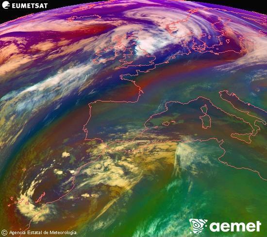 Composition RGB dans laquelle se mlangent diffrents canaux du satellite Meteosat operational in 0N 0W, l'informacin des caractristiques sur les masses d'air et les nuages. samedi, 13 dcembre  2025 22:00