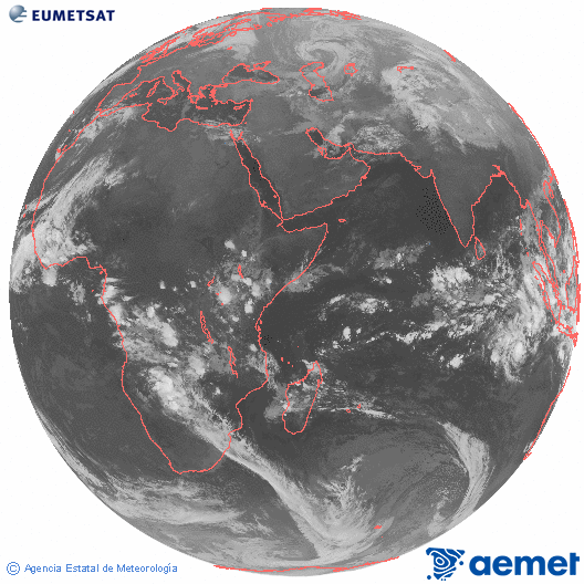 Ocano ndico. Imagen global del canal infrarrojo (10.8μm) de Meteosat, perteneciente a la serie MSG (Meteosat Segunda Generacin) y situado en 41.5° E. samedi, 13 dcembre  2025 22:00