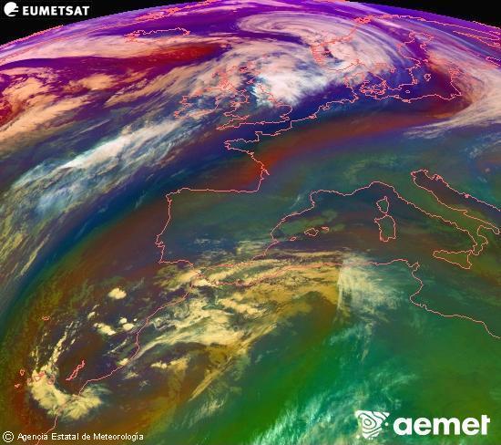Composition RGB dans laquelle se mlangent diffrents canaux du satellite Meteosat operational in 0N 0W, l'informacin des caractristiques sur les masses d'air et les nuages. samedi, 13 dcembre  2025 23:00