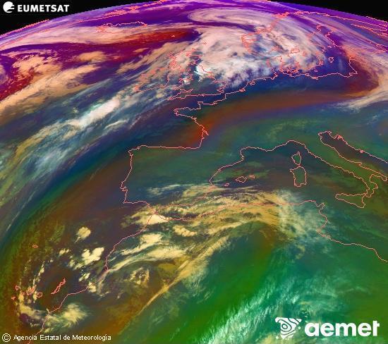 Composicin RGB na que se mesturan varias canles do satlite Meteosat operacional en 0 N 0 W, que nos d unha idea das caractersticas das masas de aire e da nebulosidade. domingo, 14 decembro  2025 01:00