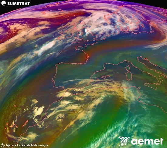 Composicin RGB na que se mesturan varias canles do satlite Meteosat operacional en 0 N 0 W, que nos d unha idea das caractersticas das masas de aire e da nebulosidade. domingo, 14 decembro  2025 02:00