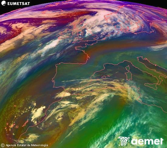 Composicin RGB na que se mesturan varias canles do satlite Meteosat operacional en 0 N 0 W, que nos d unha idea das caractersticas das masas de aire e da nebulosidade. domingo, 14 decembro  2025 03:00