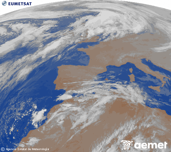 Imaxe da zona de Europa e Norte de frica da canle infravermella do satlite Meteosat operacional en 0N 0W, procesada para darlle cor. domingo, 14 decembro  2025 03:00